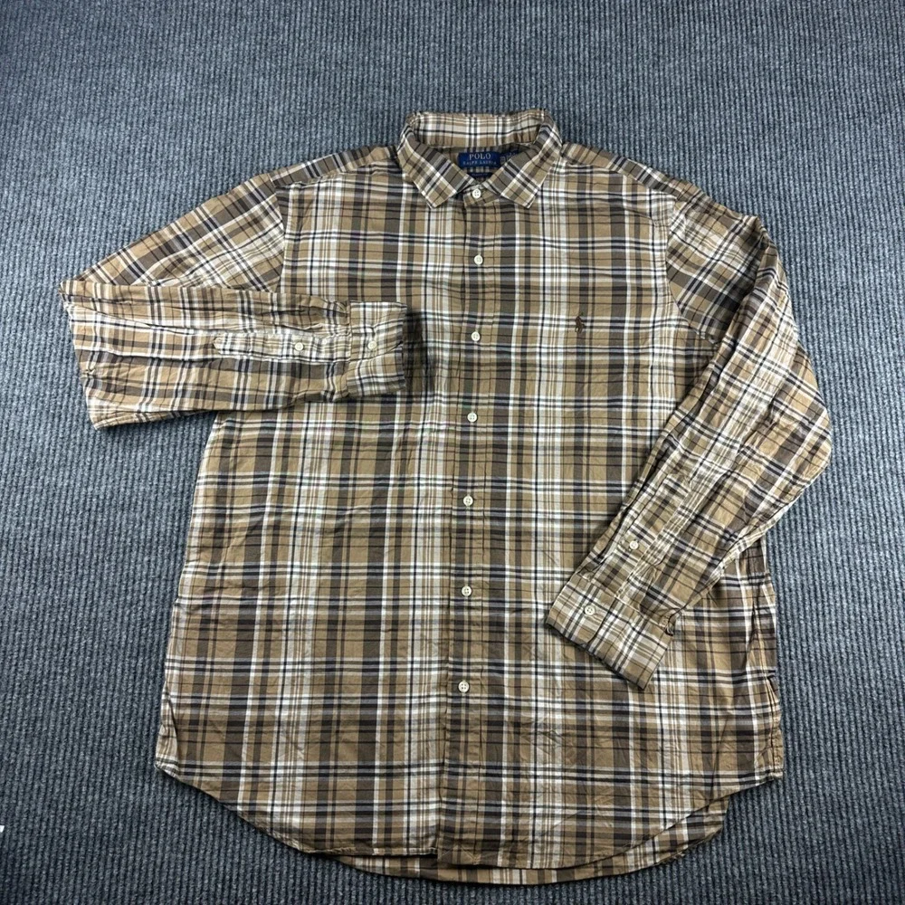Polo Ralph Lauren Mens XXL Classic Fit Plaid‎ Button Down Shirt Brown Tan 2399